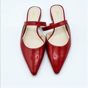 Zara Vegan Leather Flat Mules Red Slides Size 36 Used But Good Condition